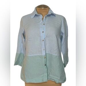 iLinen 100% European linen blouse with pockets.  Lt. Blue and mint. Sz. L EUC